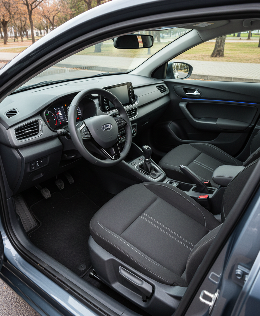 The interior of a late-model hatchback seminovo, shot from the open driver’s door, showcasing a spotless, dark-fabric seat with tight, unworn stitching and a clean, modern dashboard. The steering wheel texture and multimedia screen frame are sharply detailed, free of scratches or shine from overuse. Soft, diffused daylight enters through the windshield, highlighting the dust-free controls and matte finishes, while the background outside the car remains tastefully blurred. The composition uses a slightly elevated, wide-angle perspective to reveal the full front cabin. Photographic realism with a clean, modern aesthetic creates a calm, professional atmosphere ideal for a blog explaining how to avaliar o estado interno de um veículo seminovo.