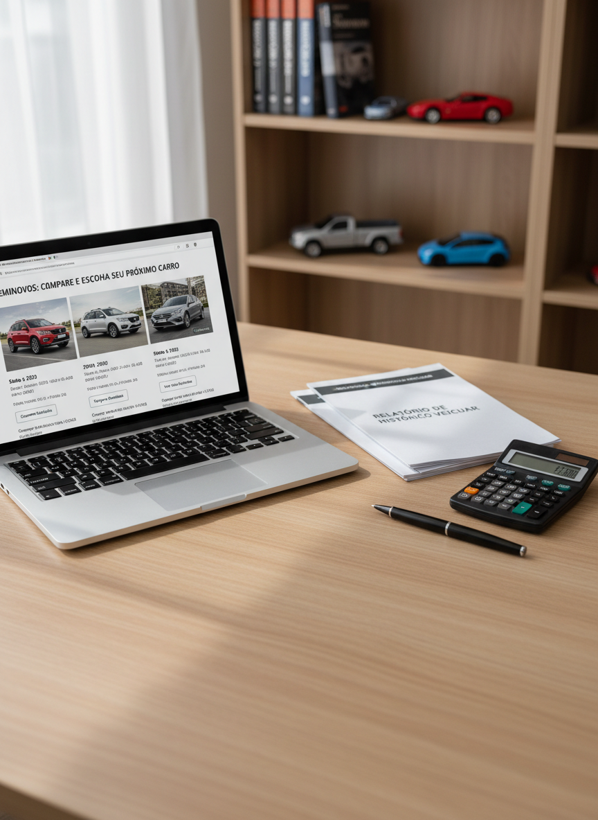 A wooden office desk with a slim, open laptop displaying a clean automotive marketplace website comparing several seminovos side by side. Next to the laptop lies a neat stack of printed vehicle history reports, a black metal pen, and a compact calculator with a clear digital screen. The desk surface has a light oak texture, minimally decorated, with a blurred shelf of car manuals and mini scale-model cars in the background. Soft, overcast window light from the left creates even illumination, with gentle shadows under the objects. Captured from a slightly elevated angle in photographic realism, the composition feels organized and analytical, perfectly suited to a professional blog post about como pesquisar e comparar preços de veículos seminovos.
